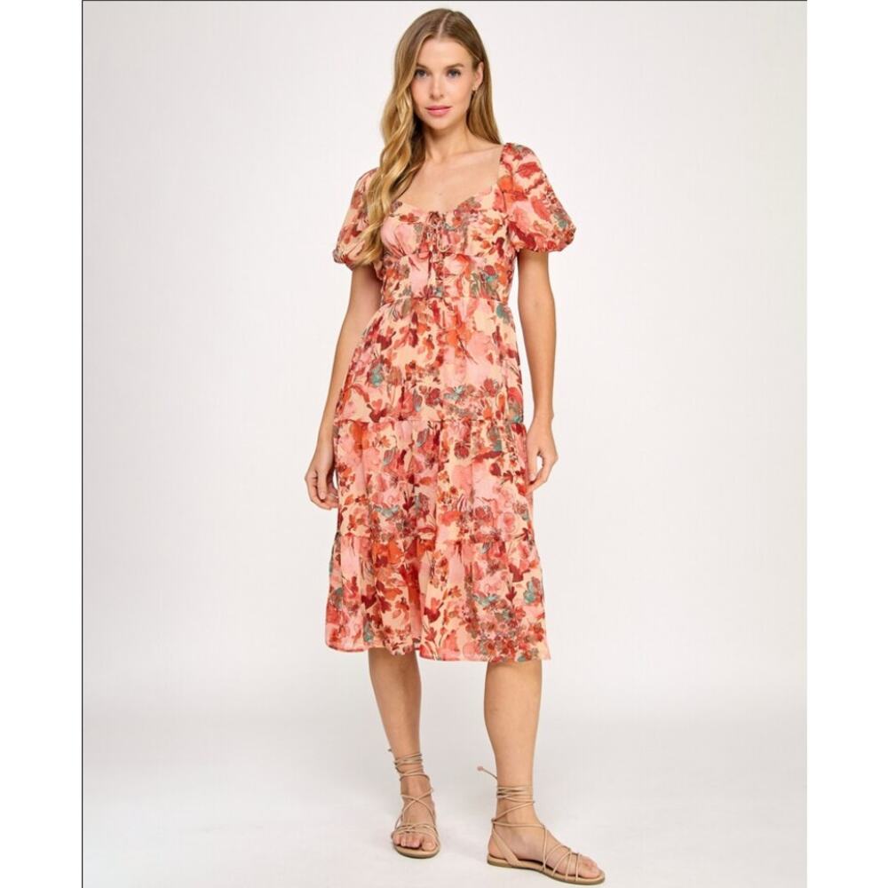 City Studio lace up sweetheart neckline puff sleeve midi dress L